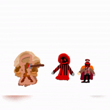 a drawing of a man holding a sword and a red hooded figure with an angel on his head