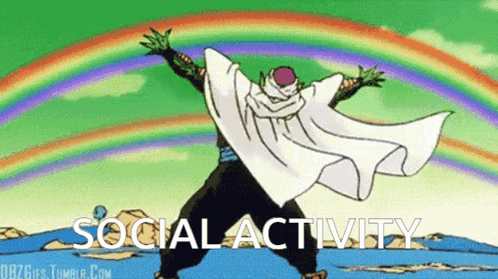 GIF of DBZ's Piccolo shouting "Social Activity" to a sky with double rainbows