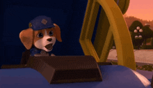 a cartoon dog wearing a blue hat and a badge that says ' chase ' on it