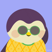 a penguin wearing sunglasses and a yellow sweater with the word finch on the bottom