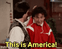 two men standing next to each other with the words this is america