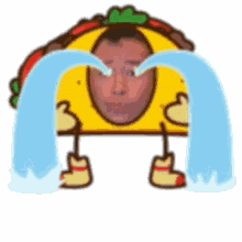 a taco with a man 's face on it is crying with tears coming out of his eyes .