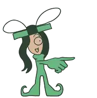 a cartoon drawing of a person wearing a green hat and pointing