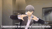 a man wearing sunglasses is making a hand gesture with the words lappeenranta on poistettu suomen kartalta written below him