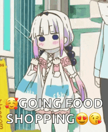 a cartoon girl is carrying a bag and says going food shopping
