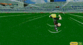 a soccer player is kicking a ball on a field with a manual button