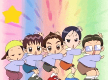 a group of children are standing in a circle with a yellow star in the background