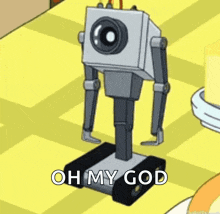 a cartoon robot is standing on a yellow floor and says oh my god .