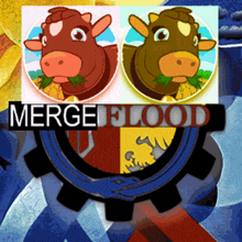 a picture of two cows and the words merge flood