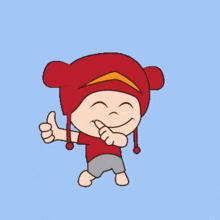 a cartoon of a boy wearing a red hat giving a thumbs up in korean