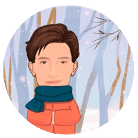 a cartoon drawing of a man wearing a scarf in the snow
