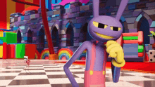a purple cartoon character is standing in front of a castle in a video game .