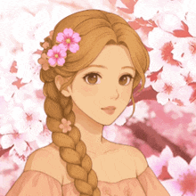 a drawing of a girl with a braid and pink flowers in her hair