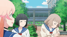 three anime girls are standing in front of a building with trees in the background
