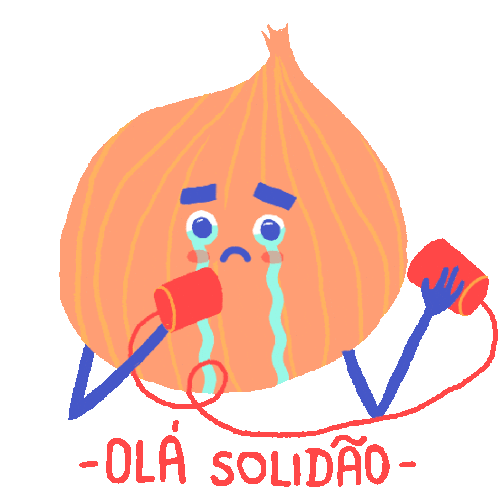 Crying Onion Holding Tin Can Phone Says Hello Loneliness In Portuguese Sticker - Melancholic Onion Ola Solidao Sad Stickers