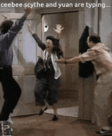 a group of people are jumping in the air with the caption " ceebee scythe and yuan are typing ... "