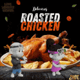 an advertisement for roasted chicken shows two dolls standing next to a plate of food