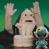 a cartoon character with the number 60 on his head stands next to a birthday cake