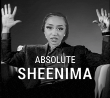 a black and white photo of a woman with the words absolute sheenima on the bottom