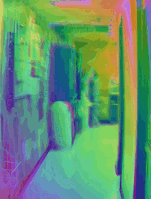 a colorful painting of a hallway with a purple door in the middle