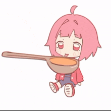 a girl with pink hair is holding a large spoon in front of her mouth