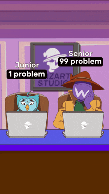 a cartoon of a man and a cat sitting at a desk with laptops and the words junior 99 problem and senior 99 problem
