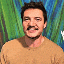 a man with a beard and mustache is smiling in front of a colorful background .