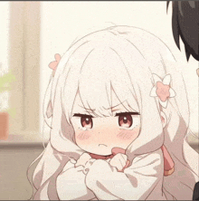 a girl with white hair and a flower in her hair is making an angry face