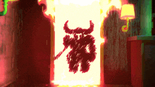 a drawing of a devil with horns is coming out of a doorway