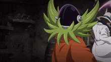 a cartoon character with green hair is wearing a purple hat