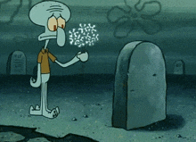 squidward from spongebob squarepants is holding a flower in front of a grave