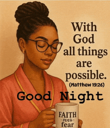 a woman is holding a mug that says faith over fear on it