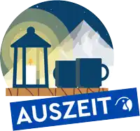 an illustration of a lantern and two mugs with the word auszeit written below it