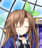 a brown haired anime girl with a green leaf in her hair