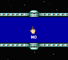 a pixelated hand pointing at the word no on a blue background