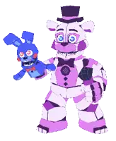 a pixel art of a teddy bear holding a stuffed bunny and a microphone