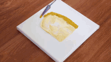 a person is applying yellow paint to a white canvas