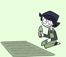 a cartoon of a person kneeling down holding a shovel