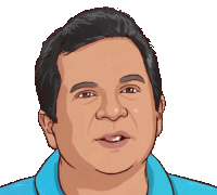 a cartoon of a man with a blue shirt on