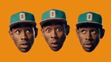 three heads of a man wearing green hats with the letter o on them