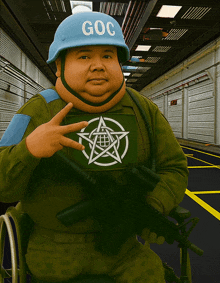 a man in a wheelchair wearing a helmet that says goc