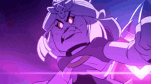 a purple cartoon character with a crown on her head is pointing at the camera
