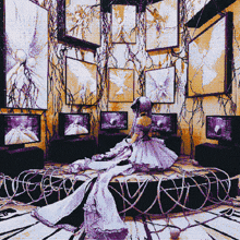 a woman in a white dress sits on a stage in front of a wall of paintings