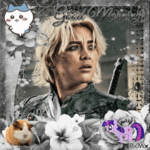 a picture of a woman with a sword and flowers says good morning