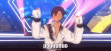 a man in a white shirt is dancing on a stage with the word popupduo written on the bottom