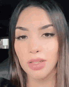 a close up of a woman 's face in a car talking .