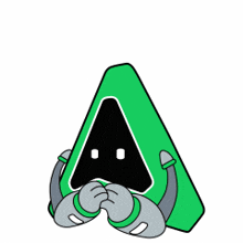 a cartoon drawing of a green triangle with the word huh written above it