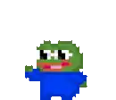 a pixel art of a green frog wearing a blue shirt and waving .
