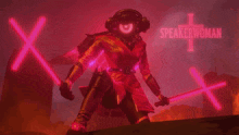 a poster for a video game called speakerwoman shows a woman holding two lightsabers