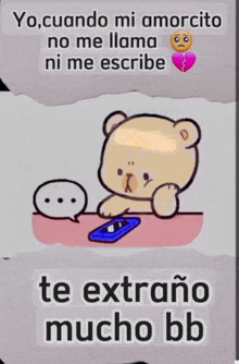 a teddy bear is sitting at a table with a cell phone and a broken heart emoji